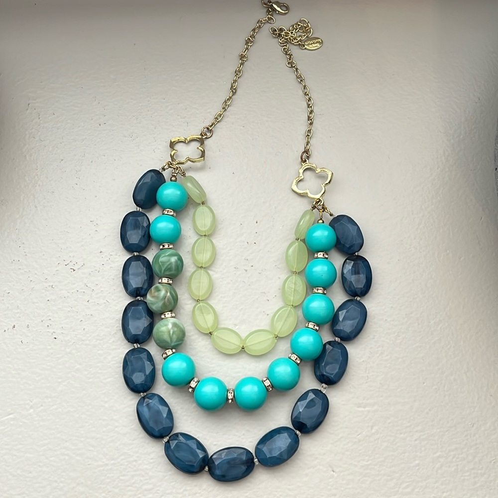 Simple Addiction three strand blue and green statement necklace